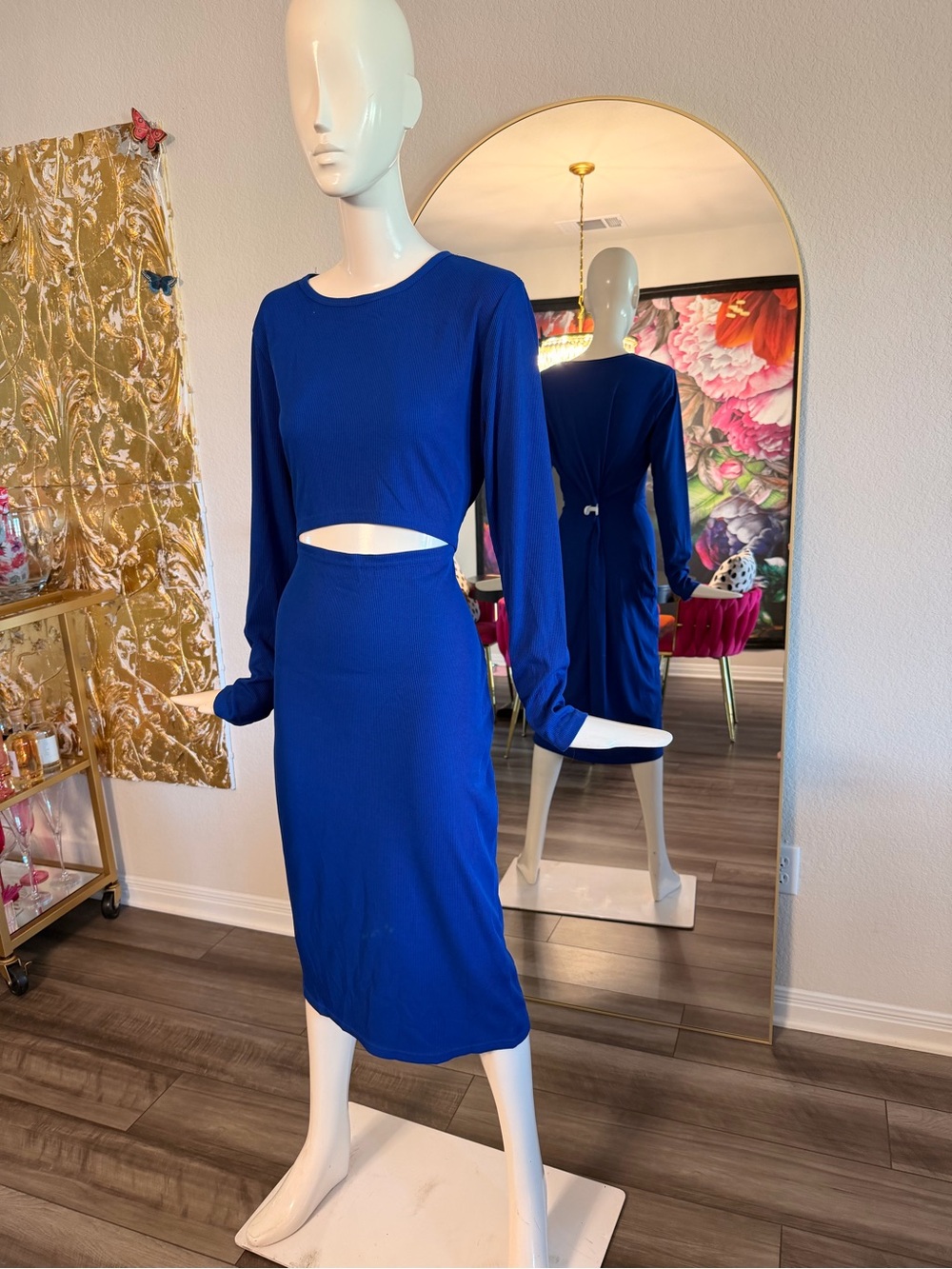 Long Sleeve Royal Blue Midi Dress with Waist Cutout